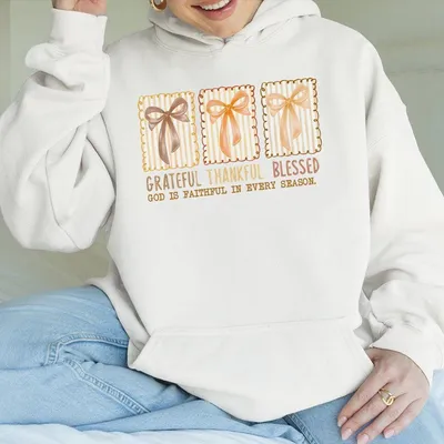 Grateful Thankful Blessed Coquette Fall Hoodie, God Is Faithful Hoodie, Thanksgiving Graphic