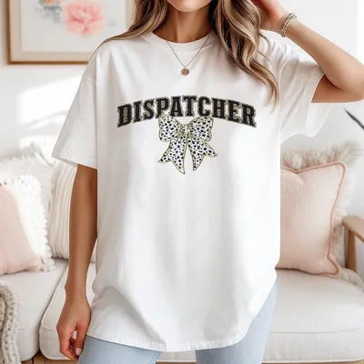 Dispatcher 911 T-Shirt Dispatcher 911 Gifts Leopard Print T-Shirt Dalmatian Dots Bow Coquette T-Shirt Women