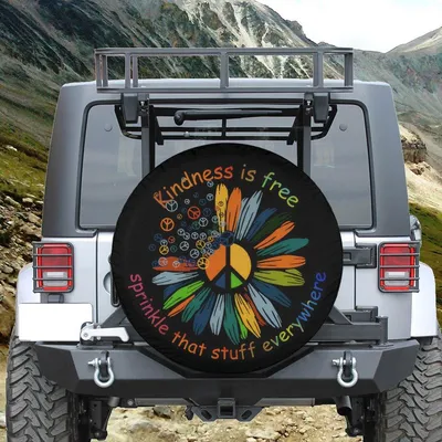 Kindness Is Free Spare Tire Cover - Hippie Peace Sign Flower Art, Groovy Rainbow Petals Graphic, Universal Waterproof Tire Protector Spare Tire Cover