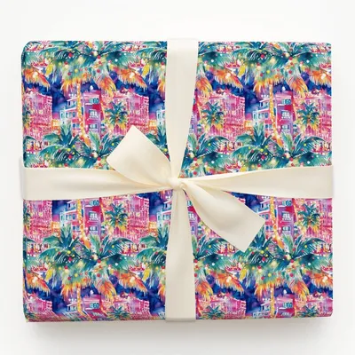 Tropical Christmas Palm Trees Cityscape Watercolor Gift Wrapping Paper