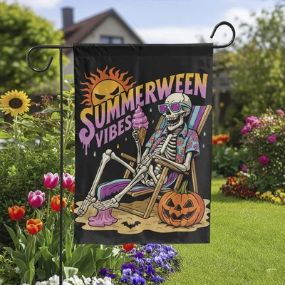 Summerween Vibes Skeleton Flag, Halloween Summer Decor, Funny Skeleton Ice Cream House  Flag, Spooky Beach Patio Flag, Goth Yard Sign Vertical Garden Flag