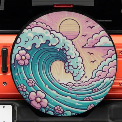 Spare Tire Cover, Pastel Ocean Wave, Aesthetic Floral Art, Beach Summer Graphic, Waterproof Uv Protection, Universal Fit Spare Tire Cover