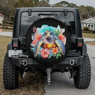 Sea Turtle With Tropical Flowers And Coral Design, Ocean Life Nature Lover Gift Spare Tire Cover Spare Tire Cover