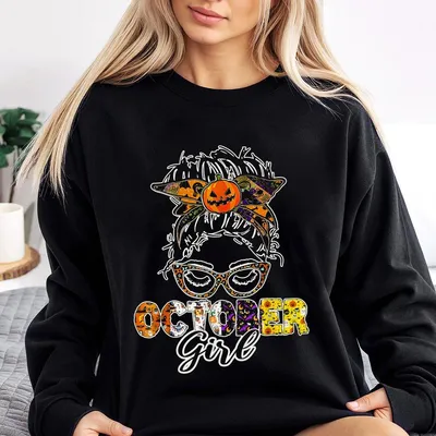 October Girl Sweatshirt Cute Halloween For Women Pumpkin Witch Bat Graphic Sweatshirt Cozy Fall Autumn Outfit