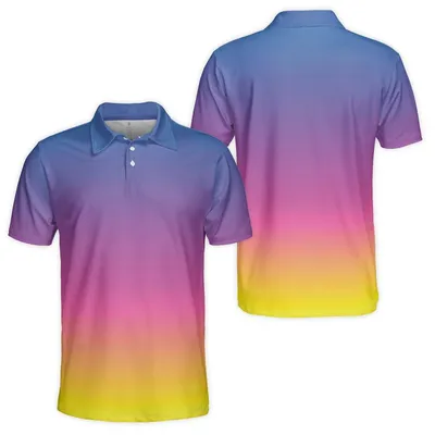 Tropical Gradient Polo Polo Shirt, Blue Purple Pink Yellow Fade, Vibrant Color Transition, Artistic Style, Soft Spectrum Design