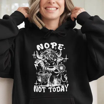 Nope Not Today Cow Hoodie, Cute Highland Cow Graphic Hoodie, Funny Coffee & Flower Cow, Cozy Casual Unisex Top Gift