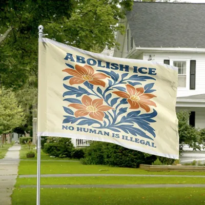 House Flag   Abolish Ice Slogan - Art Nouveau Floral Pattern - Social Justice Theme Horizontal House Flag