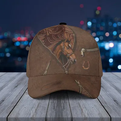 Baseball Cap Brown Leather Look Horse Equestrian Print  Western Zipper Cowboy Style Hat Baseball Cap