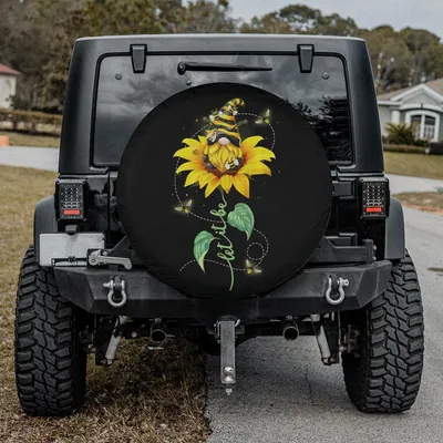 Gnome Sunflower Let It Be Spare Tire Cover, Bumble Bee Yellow Flower, Cute Garden Gnome Art, All Weather Wheel Cover Spare Tire Cover