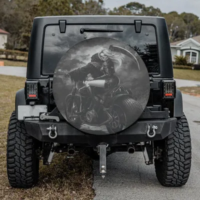 Grim Reaper Motorcycle Spare Tire Cover, Gothic Skeleton Rider With Scythe, Dark Art Biker Design For Halloween Lovers Spare Tire Cover