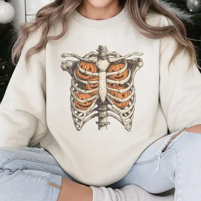 Ribcage Pumpkins Halloween Sweatshirt Retro Skeleton Pumpkin  Spooky Season Fall Sweatshirt Unisex