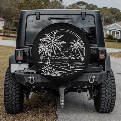 Tropical Palm Tree Beach Spare Tire Cover - Sunset Sketch Black White Art Spare Tire Cover