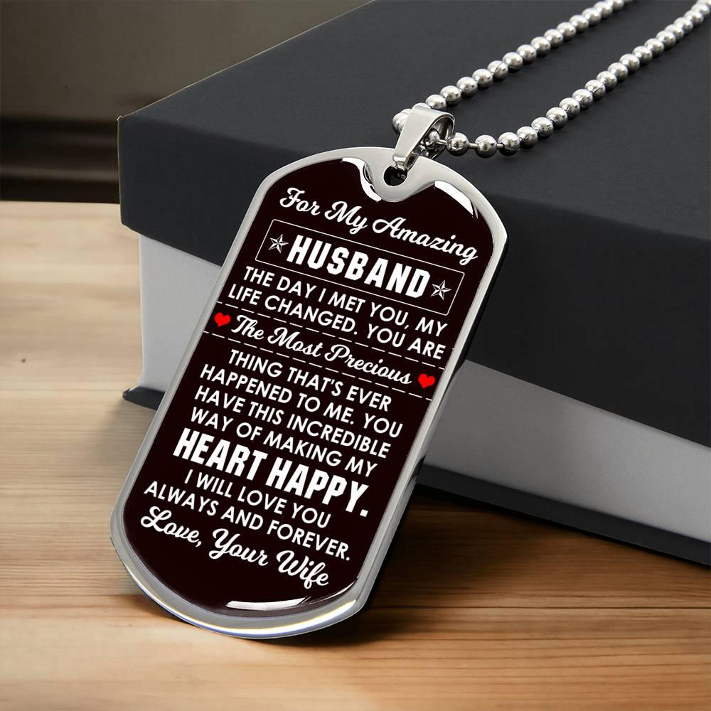 For My Amazing Husband The Day I Met You, My Life Changed Engraved Dog Tag Necklace With Optional Personalization - Army Tag Necklace, Dog Tag