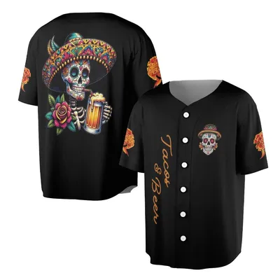 Tacos And Beer Baseball Jersey, Mexican Sugar Skull Baseball Jersey, Fiesta Day Of The Dead Top, Colorful Party Fashion