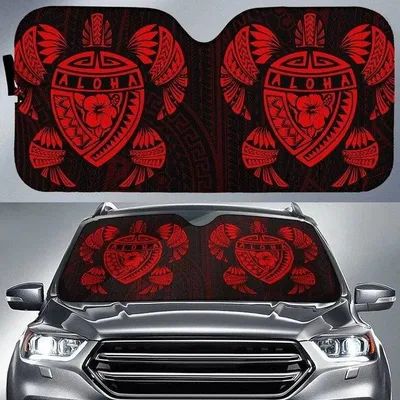 Red Hawaii Map Turtle Ohana Hibiscus Kakau Polynesian Car Sun Shade Cover Auto Windshield PrintSyde