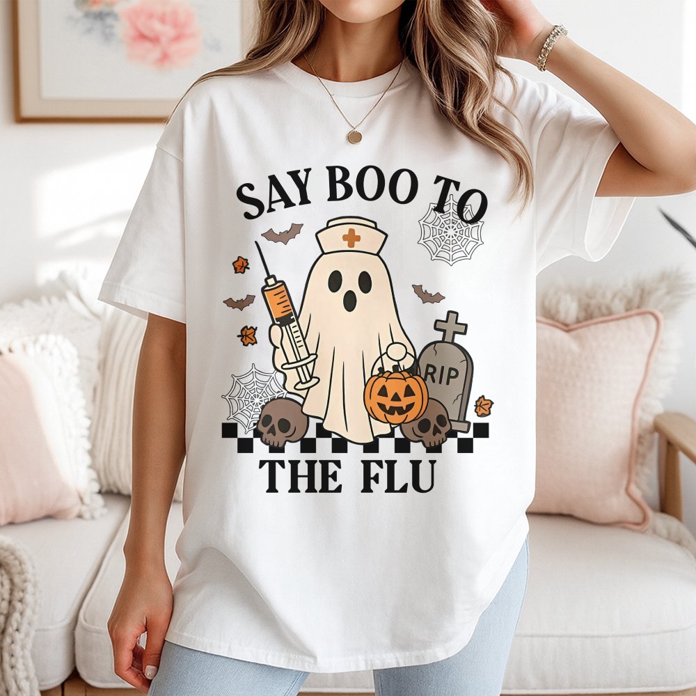 Say Boo to the Flu Halloween Nurse T-shirt – Cute Ghost Vaccine Graphic Tee