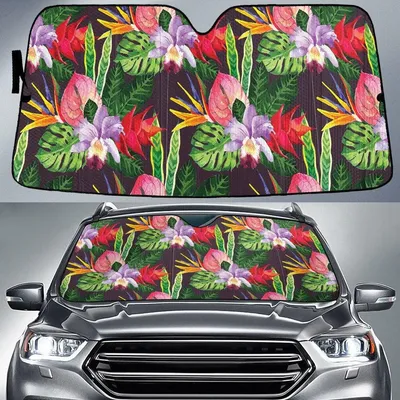 Collection Of Flamingo And Heliconia Flower Tropical Leaves Car Sun Shades Cover Auto Windshield PrintSyde