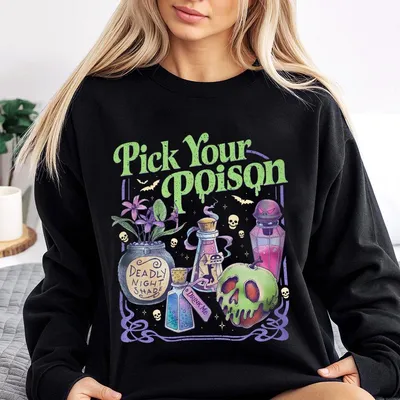 Pick Your Poison Sweatshirt Vintage Halloween Sweatshirt Spooky Season Graphic Villain Cartoon Style Cotton Top