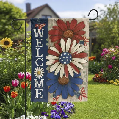 Vertical Garden - Patriotic Welcome Garden Flag with Red White Blue Flowers, USA Star Center Daisy Yard Decor
