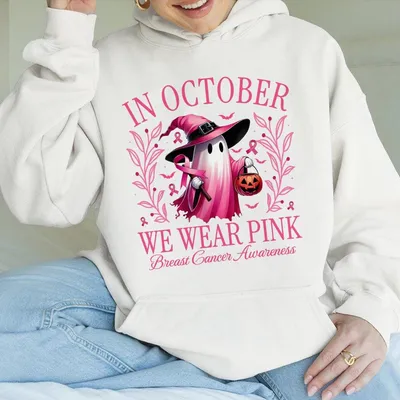 In October We Wear Pink Hoodie Breast Cancer Awareness Halloween Graphic For Women Cute Fall Pink