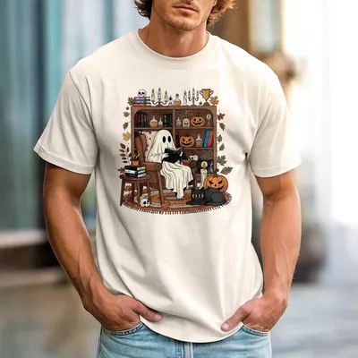 Cozy Ghost Reading Graphic T-shirt,Unisex Crewneck Pullover,Halloween Long Sleeve Cotton Top