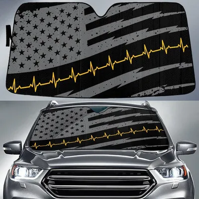 Grey Black American Flag And Yellow Heartbeat Printed Car Sun Shades Cover Auto Windshield PrintSyde