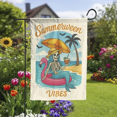 Summerween Vibes Garden Flag, Halloween Mermaid Skeleton Banner, Funny Beach Yard Decor, Spooky Flamingo Sign, Tropical Goth Outdoor Art Vertical Garden Flag