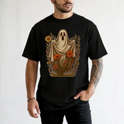 Women’s Halloween T-shirt – Ghost in Wildflowers Floral Graphic Tee
