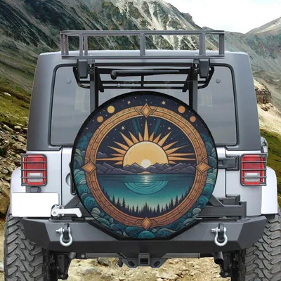 Sun And Moon Cosmic Landscape Spare Tire Cover, Boho Nature Art Design For Dreamers And Wanderers Spare Tire Cover