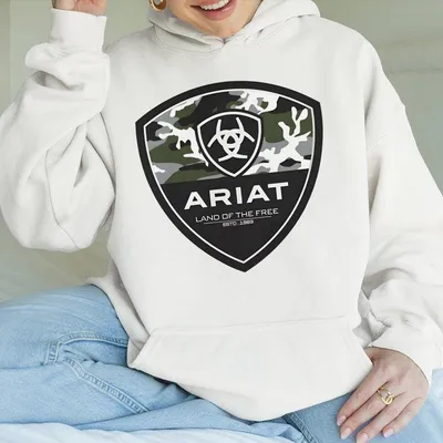 Ariat Men'S Hoodie Camo Shield Logo Graphic Land Of The Free Design Unisex Relaxed Fit Machine Washable Boyfriend