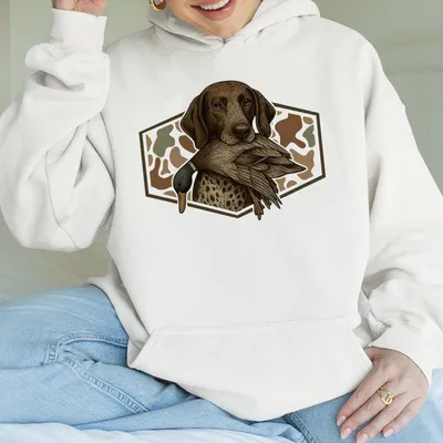 Hunting Dog Unisex Hoodie Gsp Dog Holding Mallard Duck Camo Cotton Hoodie For Hunting Outfitsmen Gifts For All Men