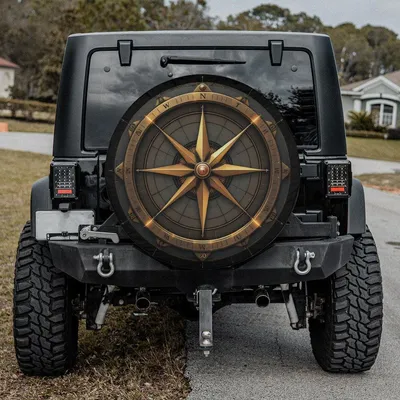 Bronze Stone Compass Spare Tire Cover - Vintage Nautical Classic Design, Camera Hole Option Spare Tire Cover