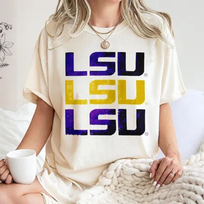 Lsu Tigers Repeat Logo T-Shirt, Vintage Distressed Louisiana State University Graphic T-Shirt, Purple And Gold College Spirit T-Shirt