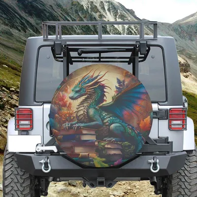 Magical Dragon On Books Spare Tire Cover - Fantasy Mystical Art Accessory, Librarian Reader Gift Spare Tire Cover
