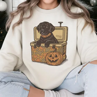 Black Lab Dog Camo Hunting Halloween Sweatshirt, Camo Sweatshirt, Pumpkin Face Sweatshirt, Hunting Sweatshirt, Outdoor Sweatshirt, Halloween Gifts, Spooky Season Outfit