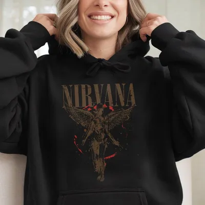 Women'S Nirvana Print Round Neck Hoodie, Vintage Trendy Casual Figure & Angel Print Hoodie For Daily Wear, Ladies Summer Outfit, Top