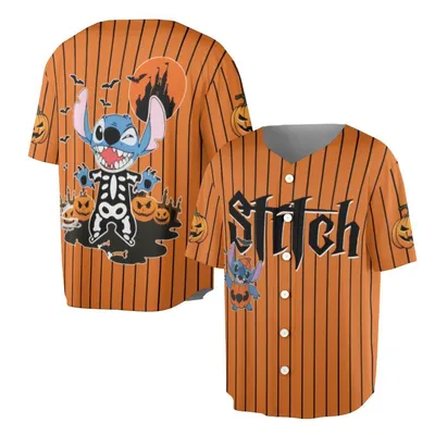 Stitch Halloween Skeleton Baseball Jersey, Lilo & Stitch Pumpkin Baseball Jersey, Orange Stripe Disney Spooky Merch