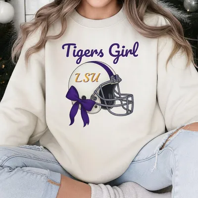 Lsu Football Girl Sweatshirt Tigers Helmet With Purple Bow Graphic Sweatshirt Cute Lsu Game Day Spirit Wear For Women