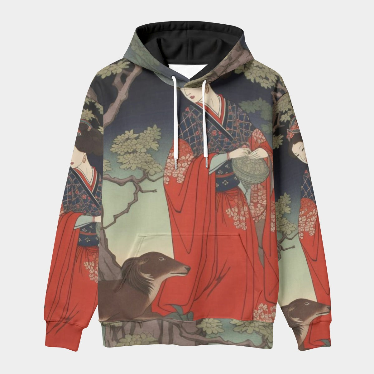 Japanese Woman with Dog in Garden Red/Gray Unisex Pullover Hoodie