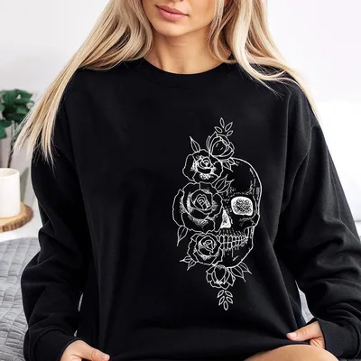 Skull Roses Print Classic Sweatshirt Ladies Summer Outfit Gift For Women Mothers Day Gift Gift For Girl Friend