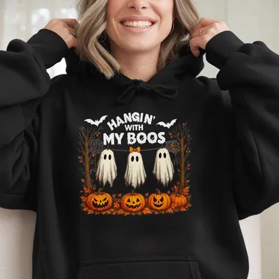 Hangin With My Boos Hoodie Funny Ghost And Pumpkin Graphic Hoodie Cute Halloween Hanging Ghosts Fall Hoodie