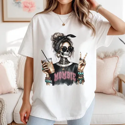 Mombie Halloween T-Shirt Cool Skeleton Mom Graphic With Coffee Peace Sign Spooky Mom Life Outfit Cozy Fall