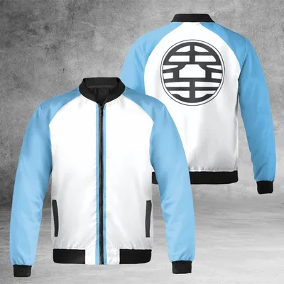 Dragon Ball Z Turtle School Kame Logo Bomber Jacket, Dbz Master Roshi Merch, Light Blue & White Anime Streetwear Bomber Jacket