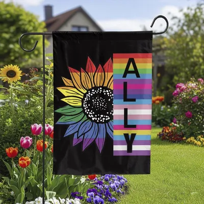 Vertical Garden - PRIDE flag, Pride month LGBTQ garden flag, LGBTQ Pride garden flag, Sunflower Ally black flag