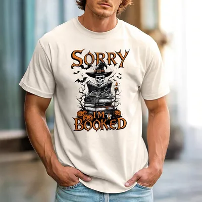 Sorry I’m Booked Halloween Sweatshirt – Witch & Skeleton Reading Graphic Crewneck