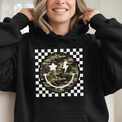 Checkered Camouflage Happy Face Hoodie, Camo Happy Face Hoodie, Camo Lightning Smile Hoodie, Distressed Camouflage Gift