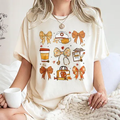 Fall Nurse Coquette T-Shirt, Nursing T-Shirt, Preppy Nurse Fall T-Shirt, Nurse Coquette Bow Gifts
