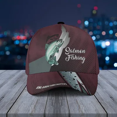 Baseball Cap Salmon Fishing Dark Burgundy Graphic With King Addiction Charters Baseball Cap