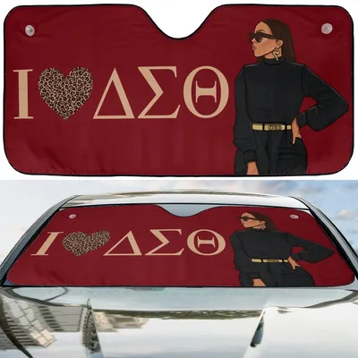 I Love $Delta Sigma Theta$ Car Sun Shade, Delta Sigma Theta Sorority, Leopard Heart, Stylish Woman Windshield Visor, Crimson Red Car Sunshade