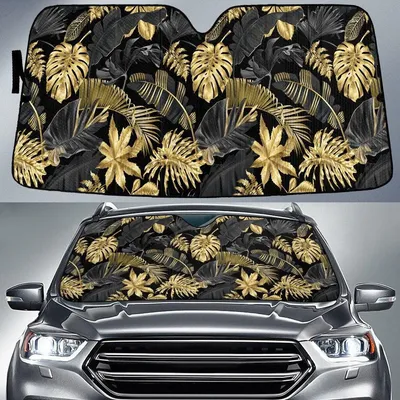 Gold Monstera Leaf And Black Banana Leaf Car Sun Shades Cover Auto Windshield PrintSyde